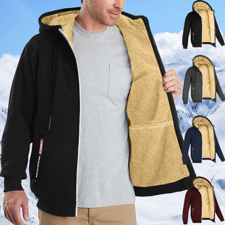 Men's Heavyweight Sherpa Fleece Lined Jackets Coats Windproof Zip Up Hoodie Winter Warm Hooded Sweatshirt Outerwear Outfits Tops