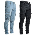 Street Elastic Jeans Men Denim Cargo Pants Wash Solid Color Multi Pockets Casual Mid Waist Trousers Slim Fit Daily Wear Joggers. 