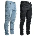 Street Elastic Jeans Men Denim Cargo Pants Wash Solid Color Multi Pockets Casual Mid Waist Trousers Slim Fit Daily Wear Joggers. 