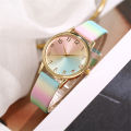Fashion Women's Gold Gradient Rainbow Watch Pink Blue Dial Leather Strap Quartz Wristwatch. 