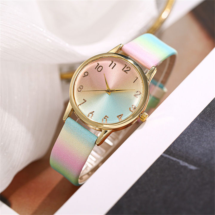 Fashion%20Women's%20Gold%20Gradient%20Rainbow%20Watch%20Pink%20Blue%20Dial%20Leather%20Strap%20Quartz%20Wristwatch%20-%20Image%204