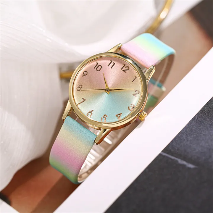 Fashion%20Women's%20Gold%20Gradient%20Rainbow%20Watch%20Pink%20Blue%20Dial%20Leather%20Strap%20Quartz%20Wristwatch%20-%20Image%204