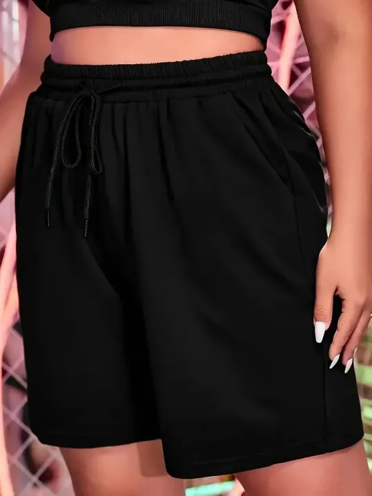Plus%20Size%20Solid%20Drawstring%20Shorts%20Casual%20Elastic%20Waistband%20Shorts%20For%20Spring%20&%20Summer%20Women's%20Plus%20Size%20Clothing%20-%20Image%204