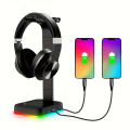 Adjustable Speed RGB Color-Changing LED Gaming Headset Stand with Dual USB Ports for Keyboard Mouse Headphones Phone Charging. 