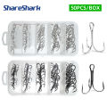 ShareShark 50pcs/box Fishing Treble Hooks Kit High Carbon Steel Hooks Strong  Round Bend with Split Rings for Lures Baits. 