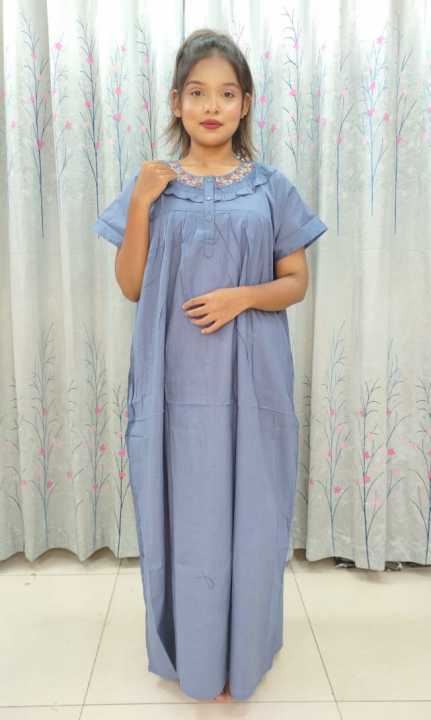 Pure Cotton Star Embroidery Maternity Maxi Dress, Free Size