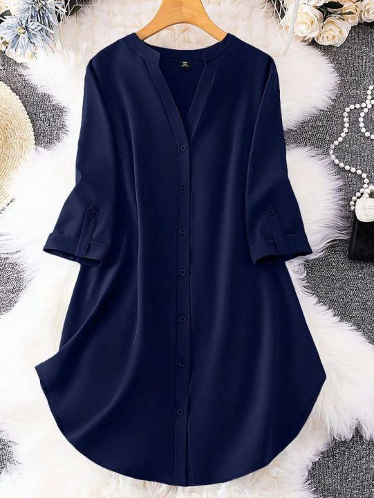 Roll%20Tab%20Sleeve%20flat%20collar%20Neck%20Button%20Front%20Shirt%20For%20Women's%20Wear%20-%20Image%206