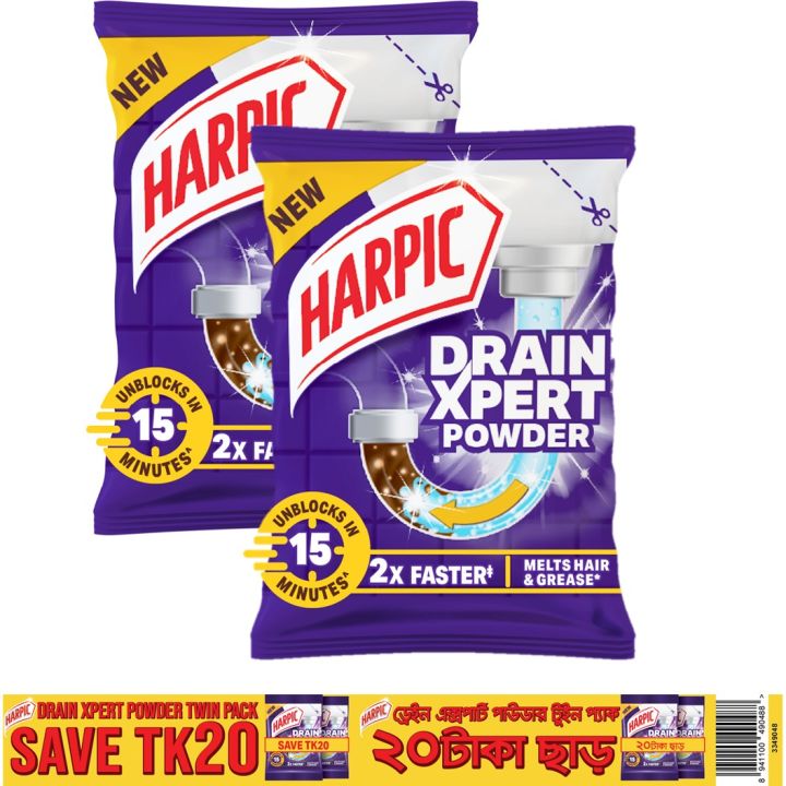 Harpic Drain Cleaning Xpert Powder 2pcs x 45g, Unblocks Clogged Bathroom, Kitchen & Shower Sink in 15 minutes, Clears Drainpipes, Melts Hair & Grease, Effective Sink and Drain Pipe Cleaner & Blockage Remover