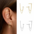 Huitan  Double Ear Studs Tassel Chains Hanging Earrings for Women Ear Piercing 3 Metal Color Luxury CZ Hot Jewelry. 