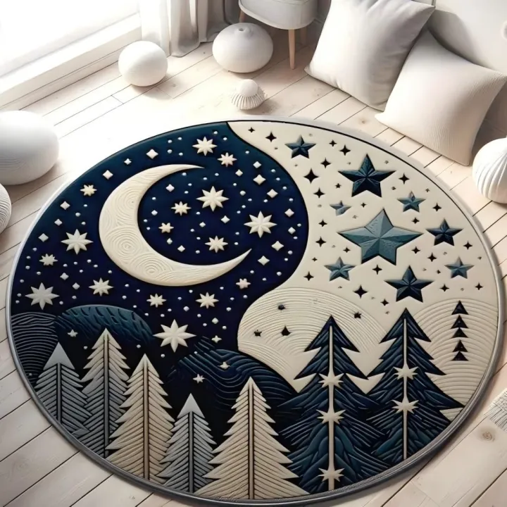 Vikama Flannel Round Rug - Sun and Moon Pattern Design - Sky and Earth ...