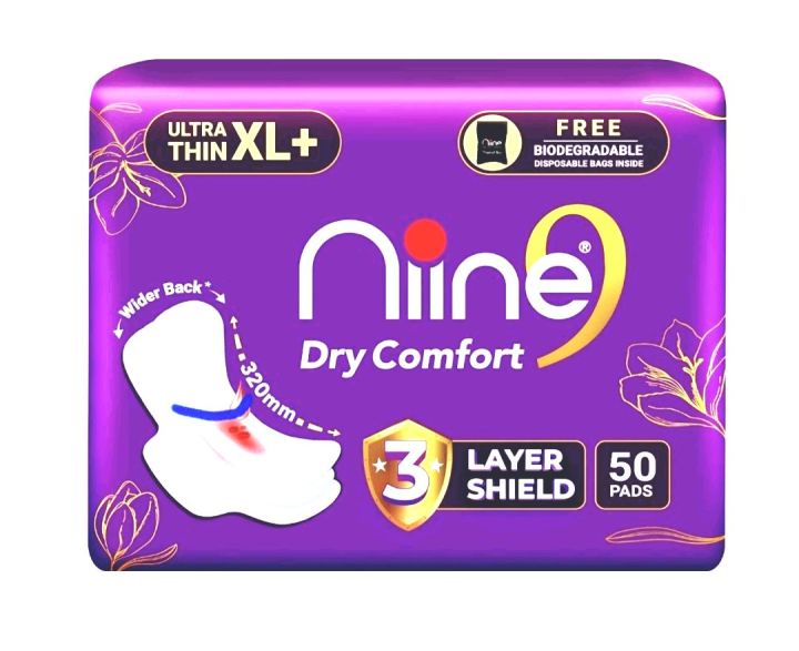 NIINE Naturally Soft Ultra Thin XL+ Large pack Sanitary Napkins for Heavy Flow (Pack of 1) 50 Pads with Free Biodegradable Disposal Bags