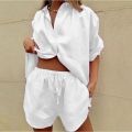 Women's 2 Piece Cotton Linen Outfit Loose Short Sleeve Button Down Shirt Drawstring Elastic Waist Shorts Set Summer Beach Wear.
