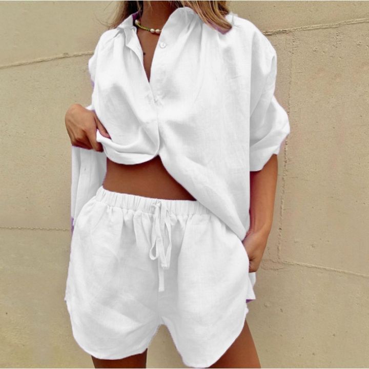 Women's%202%20Piece%20Cotton%20Linen%20Outfit%20Loose%20Short%20Sleeve%20Button%20Down%20Shirt%20Drawstring%20Elastic%20Waist%20Shorts%20Set%20Summer%20Beach%20Wear%20-%20Image%204