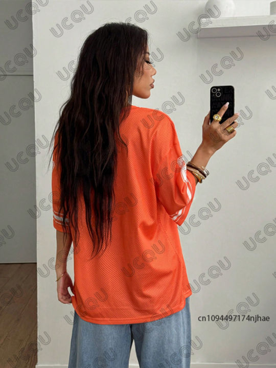 Orange%20Enjoy%20Freedom%2023%20Print%20T-Shirt%20For%20Women%20Summer%20New%20V-Neck%20Short%20Sleeve%20Sports%20Football%20Jersey%20Y2K%20Loose%20Oversized%20Tops%20-%20Image%202