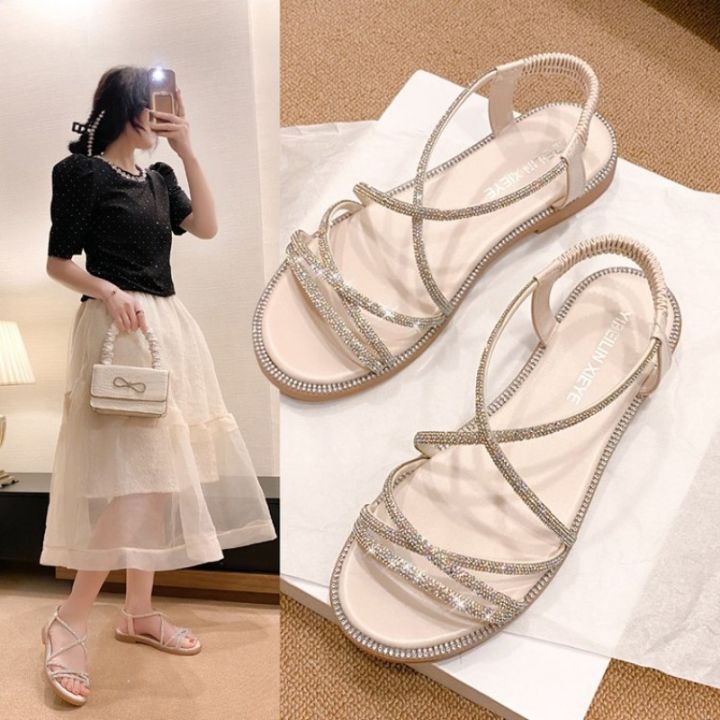 2024%20Summer%20New%20Sandals,%20Rhinestone%20Flat%20Sandals,%20Women's%20Open%20Toe%20Elastic%20Set%20Foot%20Cross%20Sandals%EF%BC%8C%20Women%20Sandals%20-%20Image%204