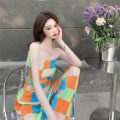 Women high waist wide leg pants fashion strapless plaid shirt two-piece dress cool style color matching exposed navel. 