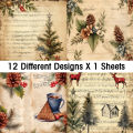 Victorian Christmas Scrapbook Paper Set,12 sheets Poinsettia Birds Santa Patterns Decorative Craft Paper for Journal DIY Crafts.