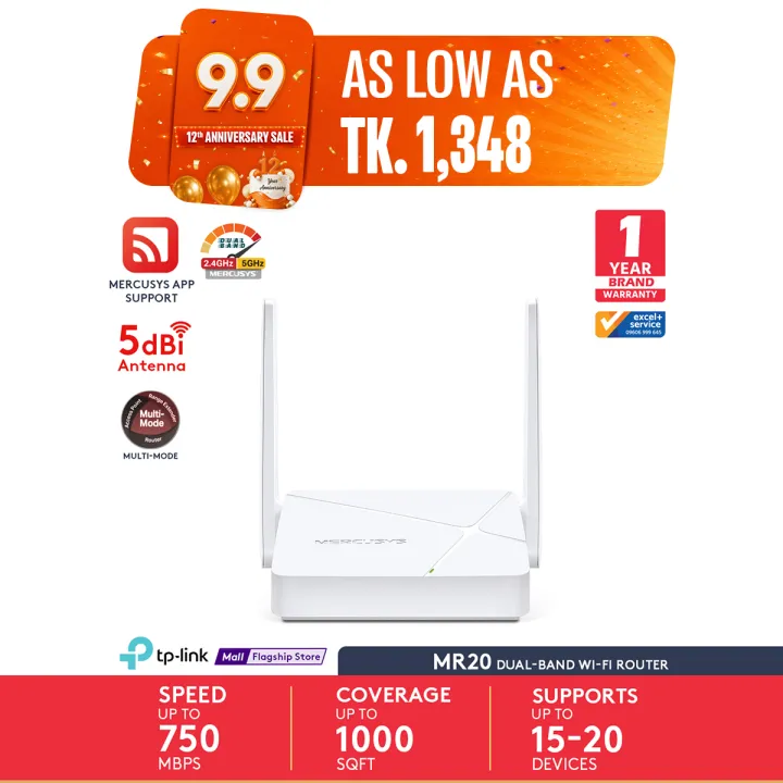 Mercusys MR20 AC750 Wireless Dual Band Wi-Fi Router | 750 Speed Multi-Mode | 2 High Gain External Antennas | IPTV and IPv6 Supported