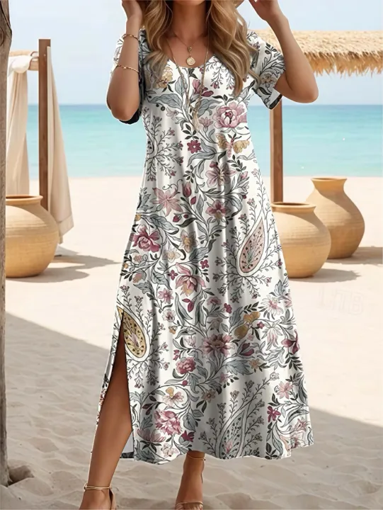 Elegant%20Summer%20Plus%20Size%20V-Neck%20Butterfly%20Print%20Dress%20-%20Split%20Hem%20Short%20Sleeve%20Women's%20Fashion%20-%20Image%203