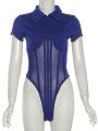 SIsterlinda Trend  Ruched 2 Piece Set Women Button Polo-Neck Mesh Patchwork Bodysuits+Ribbon Short Music Festival Party Suit. 