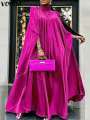 Plus Size 5XL VONDA Women Stand Collar Elegant Satin Dress Long Bat Sleeve Evening Pleated Maxi Sundress Casual Solid Party Robe. 