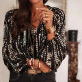 Plus Size Women's Shirt, Stripesd Printed V-Neck Long-Sleeved Top, Casual Resort Style Shirt, Soft Fabric, Loose Cutting.