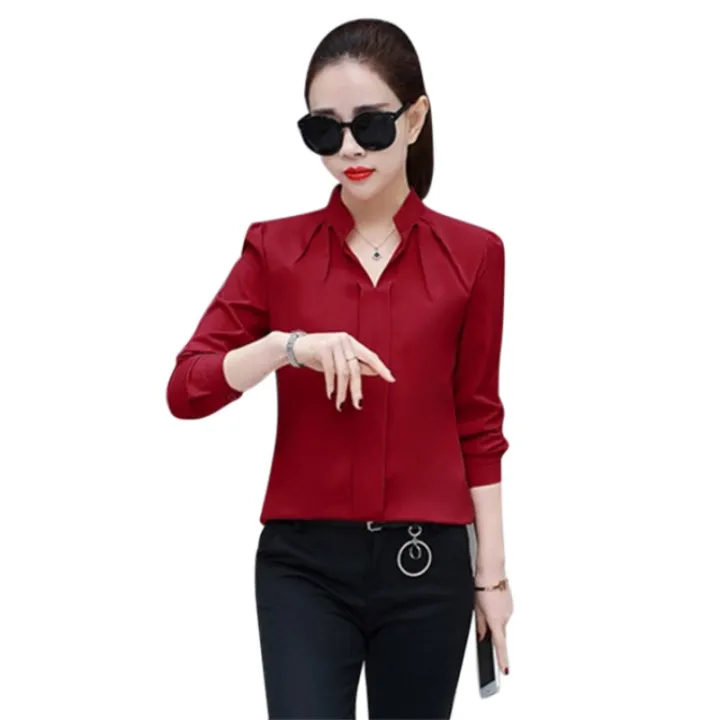 Women's Spring Sexy V-Neck Shirt Formal Long Sleeve Chiffon Blouse Casual Long Sleeve Shirt