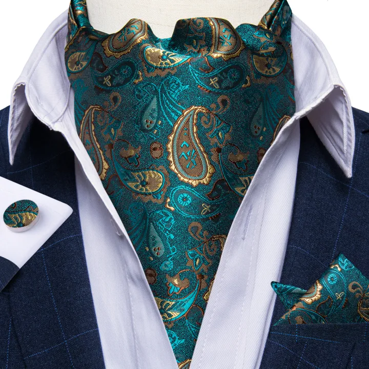 Dibangu Luxury Men's Ascot Pocket Square Cufflinks Set for Gentleman British Paisley Necktie Business Party Wedding Accessory