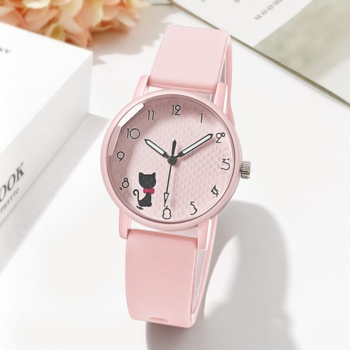 Ladies watch, jelly color scheme cute kitten schoolgirl silicone strap quartz watch