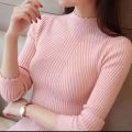 EVNISI Autumn Women Mock Neck Ruffles Sweater Long Sleeve Knitted Bottoming Solid Pullovers Stripe Women Casual Sweater Winter. 