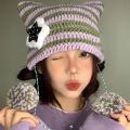 Y2K Beanie Hat Women Ins Devil Ear Striped Knitted Wool Cap Autumn Winter Hip-hop Crochet Cute Cat Ears Pointed Pullover Hats. 