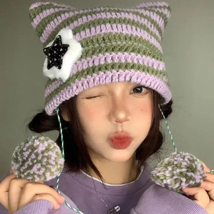 Y2K%20Beanie%20Hat%20Women%20Ins%20Devil%20Ear%20Striped%20Knitted%20Wool%20Cap%20Autumn%20Winter%20Hip-hop%20Crochet%20Cute%20Cat%20Ears%20Pointed%20Pullover%20Hats%20-%20Image%202