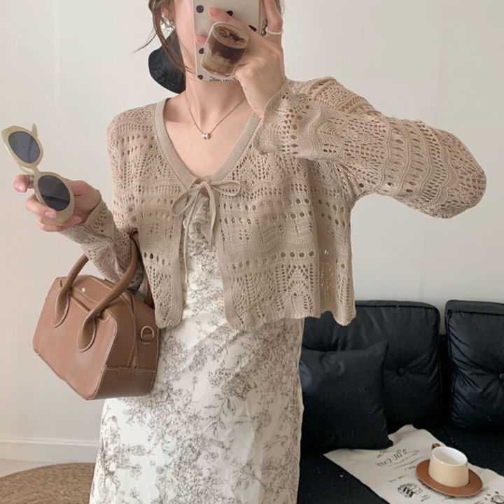 Bolero%20Cardigan%20Women%20Long%20Sleeve%20Tie%20Front%20Openwork%20Crop%20Shrug%20Top%20Lightweigh%20Cover%20Up%20Teen-girl%20Spring%20Summer%20Y2K%2090s%20Outfit%20-%20Image%205