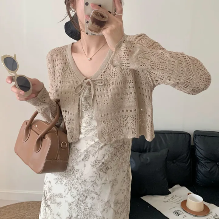 Bolero%20Cardigan%20Women%20Long%20Sleeve%20Tie%20Front%20Openwork%20Crop%20Shrug%20Top%20Lightweigh%20Cover%20Up%20Teen-girl%20Spring%20Summer%20Y2K%2090s%20Outfit%20-%20Image%205