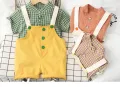 Ready to ship high quality 0-5 years old kids clothes set cotton children clothing + bib fashion kids set of 2. 