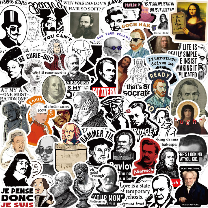 50Pcs World Philosophy Writers and Celebrities Stickers Paintings DIY Waterproof Stickers Decorate Laptop Guitar Skateboard