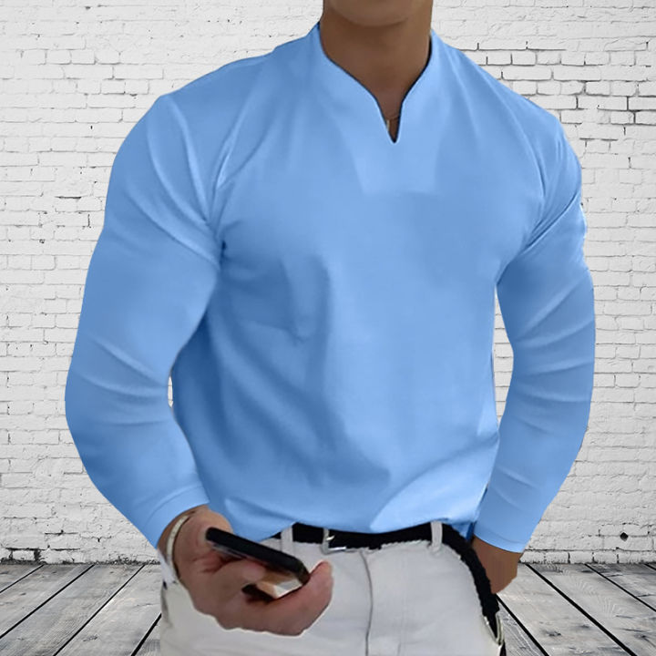 Men's Long Sleeve Shirts Casual Basic Solid Color V-Neck Clothes Comfortable Men's Work Tops