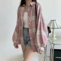 Women Tartan Shirt Long Sleeve Collared Button Up Oversized Plaid Shirt Jacket Grunge Fashion Teenage Girl Spring Summer Outfit. 