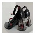 New 2024 Punk Gothic High Heels Pumps Women Rose Heeled Patent Leather Lolita Shoes Woman Y2K Ankle Straps Black Mary Jane Shoes.