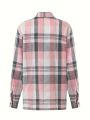 Women Plus Size Fashion Plaid Printed Shirt Casual Loose Long Sleeved Shirt  Lapel Design Shirt Tops. 