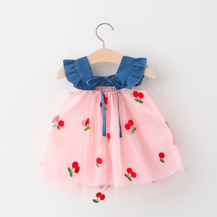 Summer%20Girl%20Dress%20Denim%20Fly%20Sleeved%20Bow%20Cute%20Cherry%20Colored%20Mesh%20Princess%20Dress%20Suitable%20for%20Babies%20Aged%200-3%20-%20Image%203