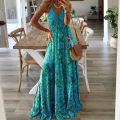 European And American New 2023 Bohemian Style New Strap Long Dress High Waist V-Neck Printed Fragmented Flower Dress Women's Wea. 