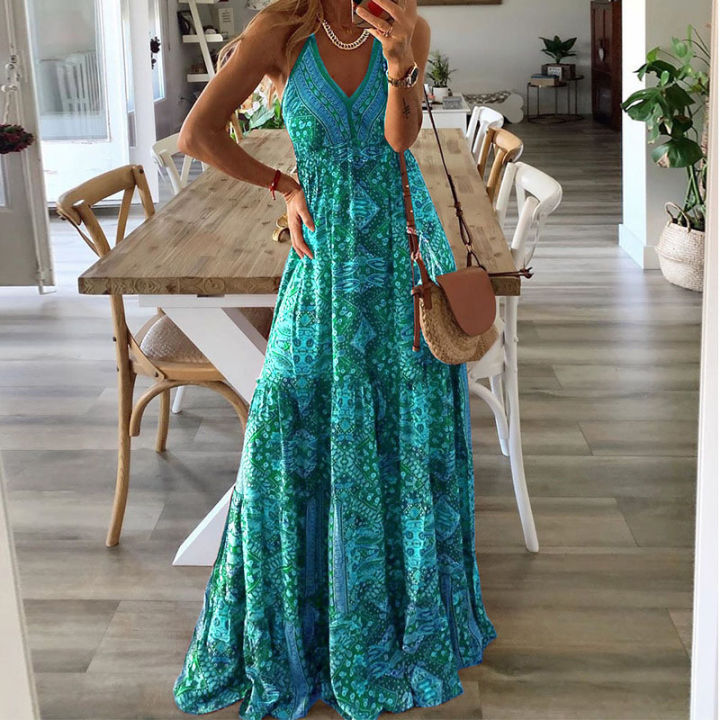 European%20And%20American%20New%202023%20Bohemian%20Style%20New%20Strap%20Long%20Dress%20High%20Waist%20V-Neck%20Printed%20Fragmented%20Flower%20Dress%20Women's%20Wea%20-%20Image%203