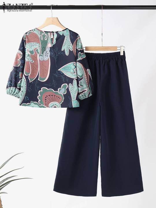 2024%20Summer%20Floral%20Print%20Suit%20ZANZEA%20Women%203/4%20Sleeve%20Blouse%20Wide%20Leg%20Pant%20Sets%20Stylish%20Tracksuits%20Fashion%20Loose%20Matching%20Sets%20-%20Image%205