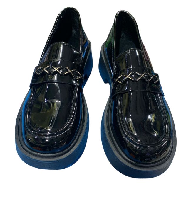 Black Color Buckle Design Shining Loafer Shoes For Women