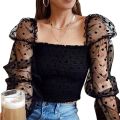 Women's Short Top Wave Dotted Sexy Mesh Puffy Long Sleeve See Through Comfortable and Breathable Blouse. 