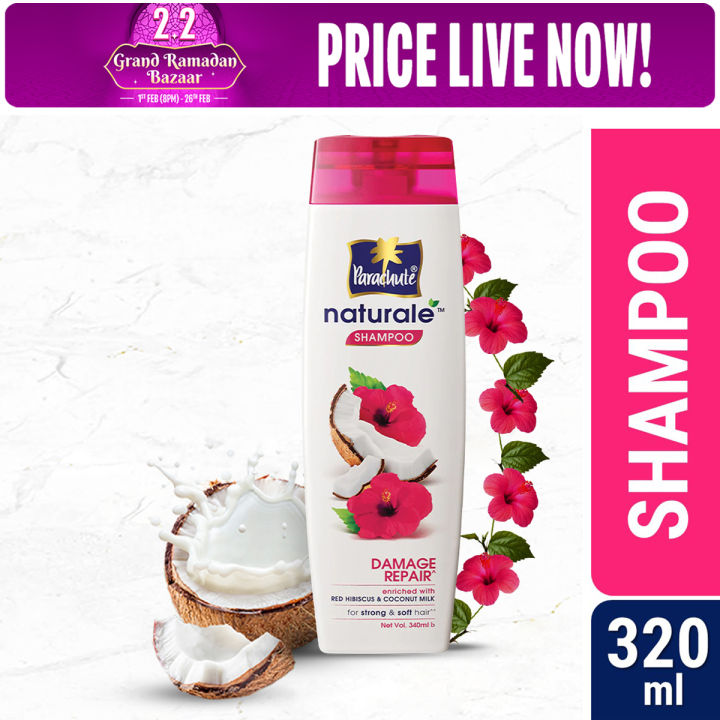Parachute Naturale Damage Repair Shampoo with Red Hibiscus & Coconut Milk| For Strong & Soft Hair| Smoothens Rough Hair| Paraben Free, 100% Vegan| All Hair Types| 320 ml
