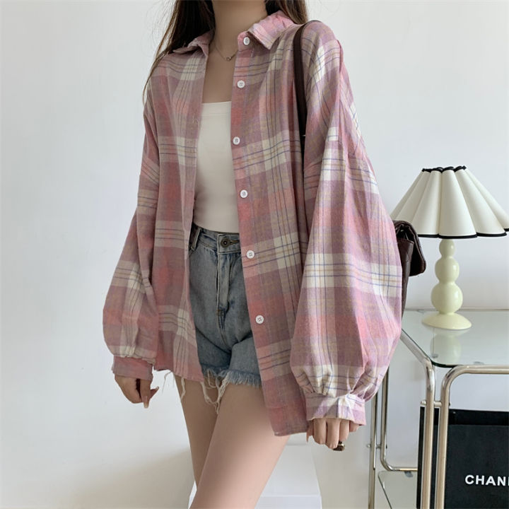 Women Tartan Shirt Long Sleeve Collared Button Up Oversized Plaid Shirt Jacket Grunge Fashion Outfit Daraz.pk