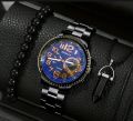 Luxury Black Stainless Steel Business Watch Deal For Men-Top Fashion Classic Round Dial Casual Watch+Natural Six Sided Oxyen Ston Nacklace+Black Natural Bead BracletFor Men/Boys Mens Fashion Watch Acessories Deal -Trendy Black Watch In Random Dial Design. 