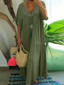 Plus Size 2025 Summer New V-neck Short Sleeve Pleated Solid Colour Loose Casual Midi Dress Basic Hem Pleated. 
